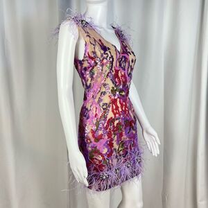 Bella Barnett Mini Dress XSmall  Colorful Sequin with Feathers Bodycon Cocktail